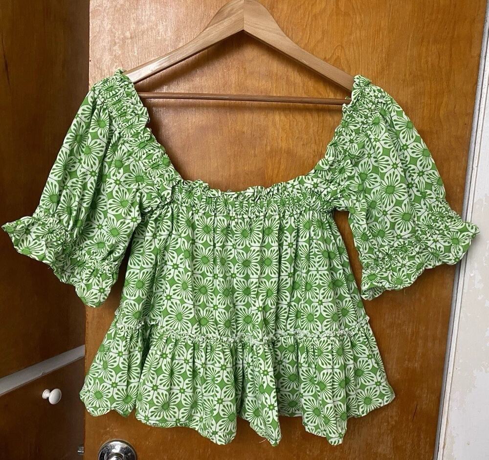 Elizabeth Wilson Design Polly Ruffled Puff Sleeve Top Babydoll Green Floral Sz L